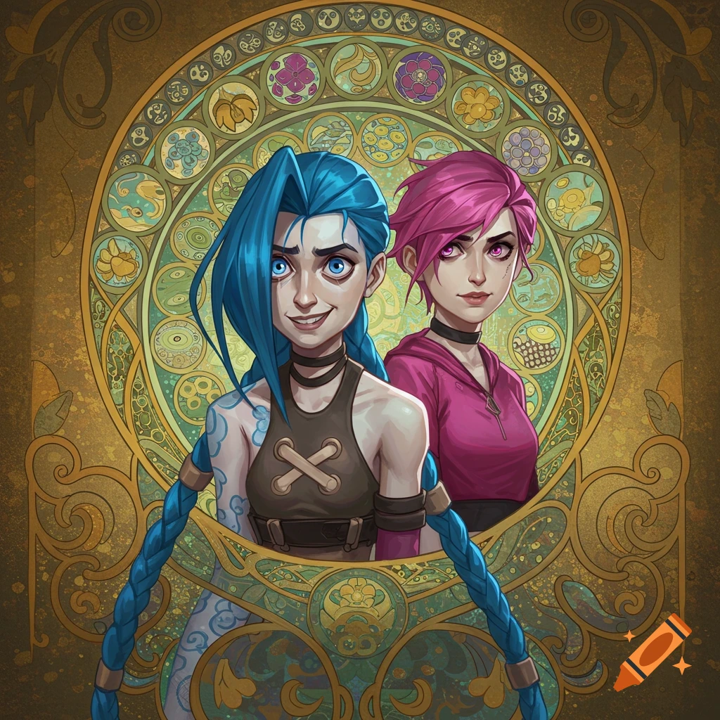 Jinx with long blue braids and Vi with short pink hair, cartoon characters, against an intricate golden Art Nouveau style background.