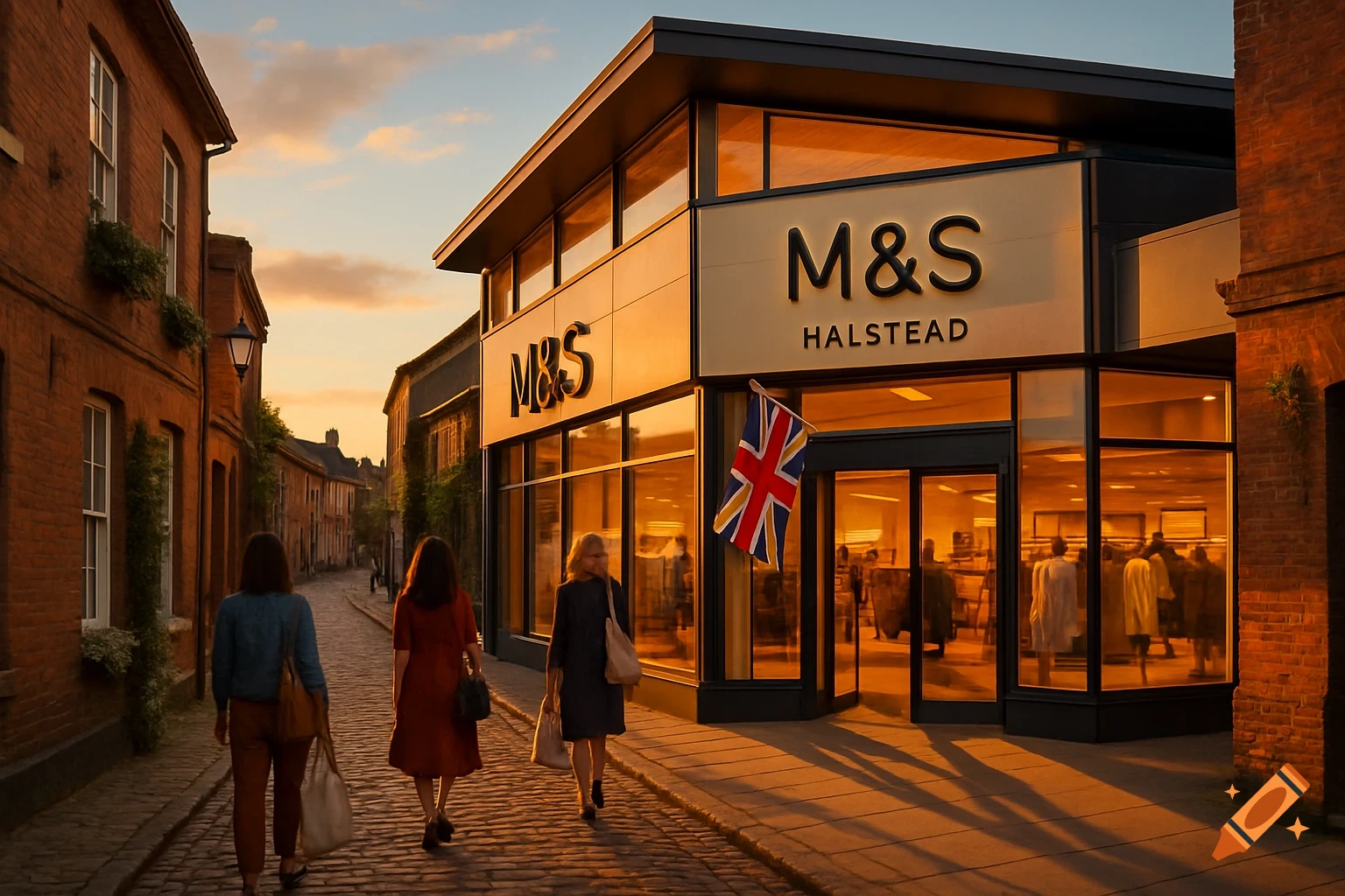 Three women walk on a cobblestone street towards an M&S store with a Union Jack flag at sunset, photorealistic.