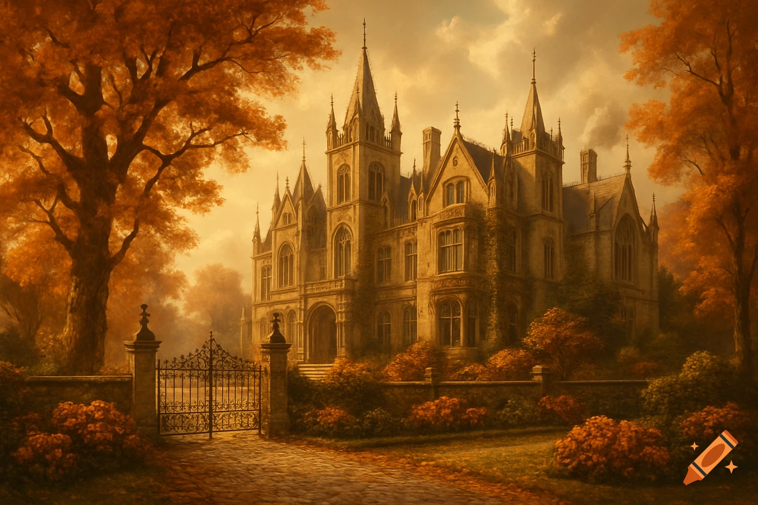 A grand Victorian mansion with spires and a wrought-iron gate, nestled among vibrant autumn trees under a golden sky in a painterly style.