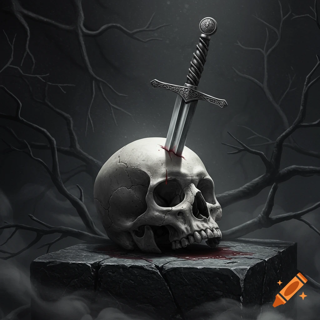 A sword pierces a cracked human skull resting on a dark stone block, with bloodstains and gnarled branches in a dark, atmospheric setting.