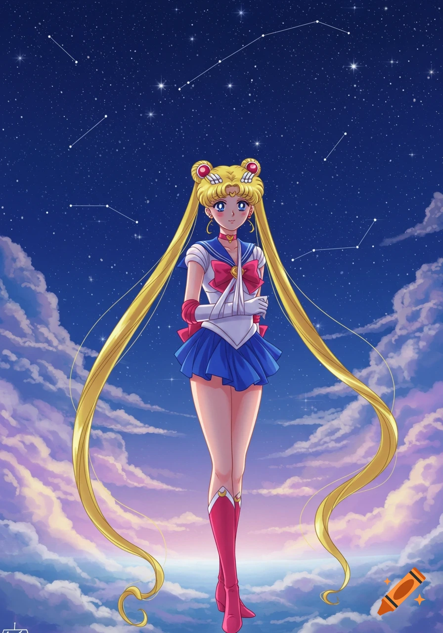Sailor Moon with her arm in a sling, standing against a starry night sky with purple and pink clouds in anime style.
