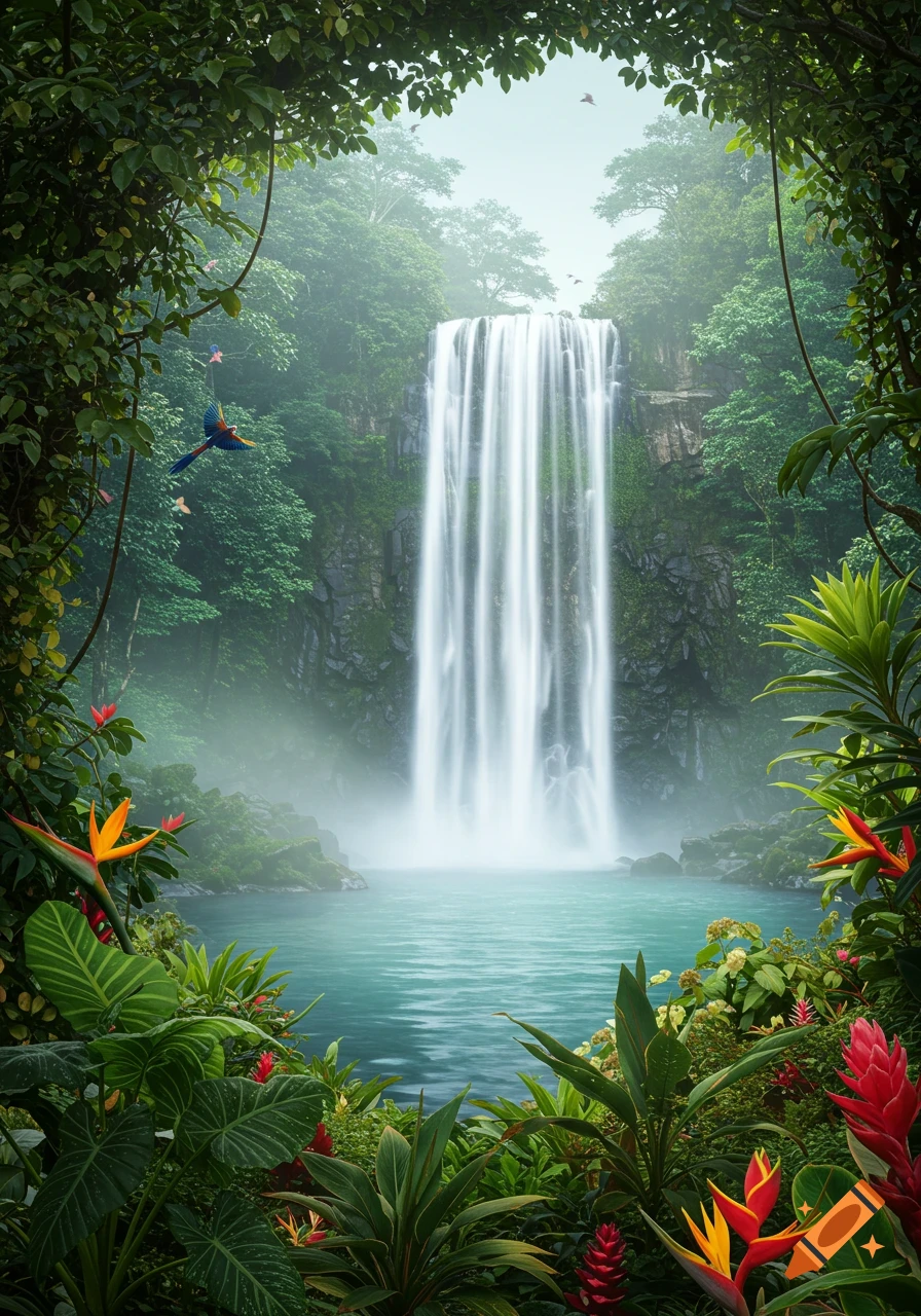 A majestic waterfall cascades into a blue lagoon in a lush tropical jungle, surrounded by vibrant plants and exotic birds.