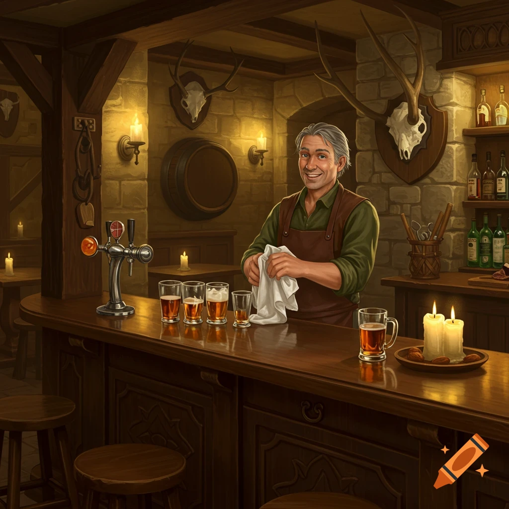 An innkeeper smiles while drying glasses behind a wooden bar in a rustic tavern, a beer tap and full glasses beside him. Realistic digital painting.