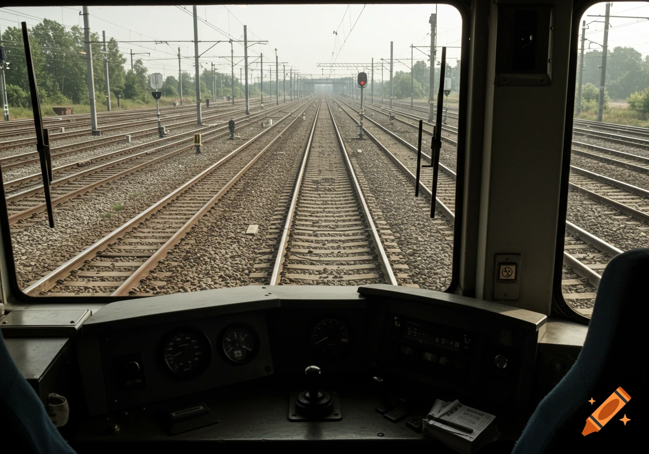 View from a train driver's cabin looking down multiple railway tracks with an instrument panel in the foreground, photorealistic style.