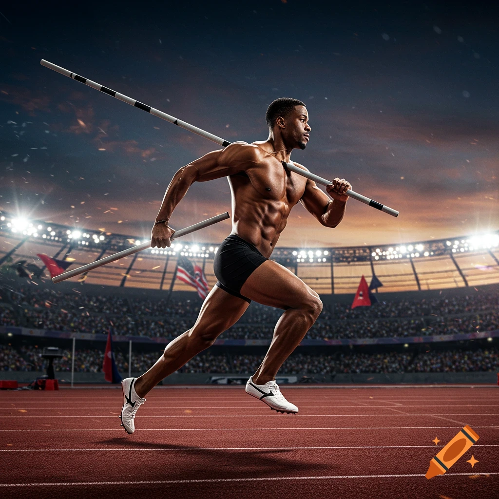 Photorealistic image of a muscular male athlete running on a track, holding a long pole, in a brightly lit stadium at dusk.