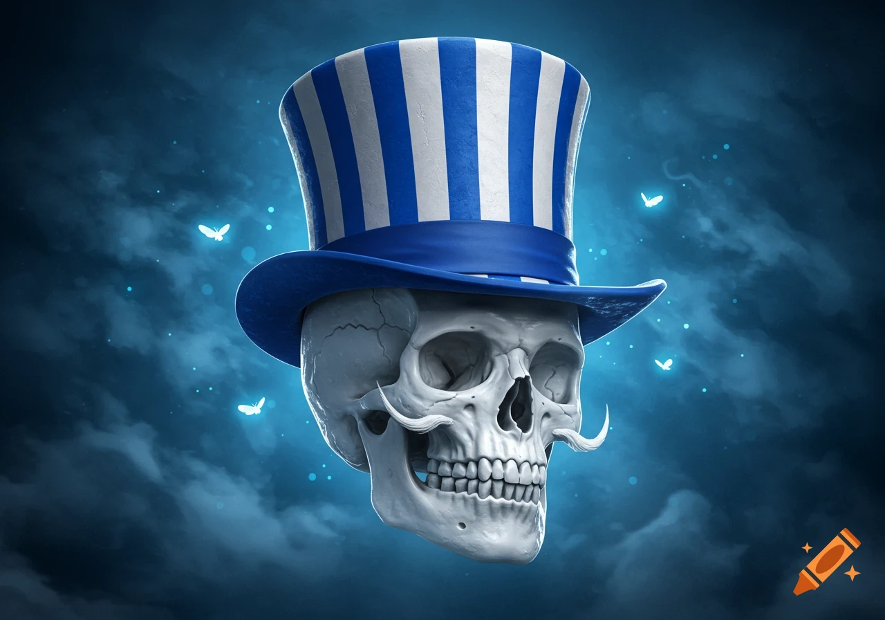 A white skull with a stylized mustache and a blue and white striped top hat, set against a dark blue cloudy background with glowing butterflies.