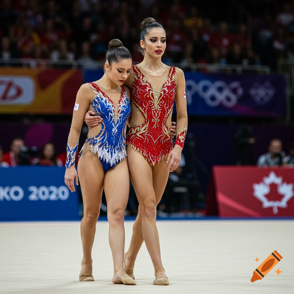 Two photorealistic female rhythmic gymnasts, one in a blue leotard and one in a red, walk together on a mat during a competition.