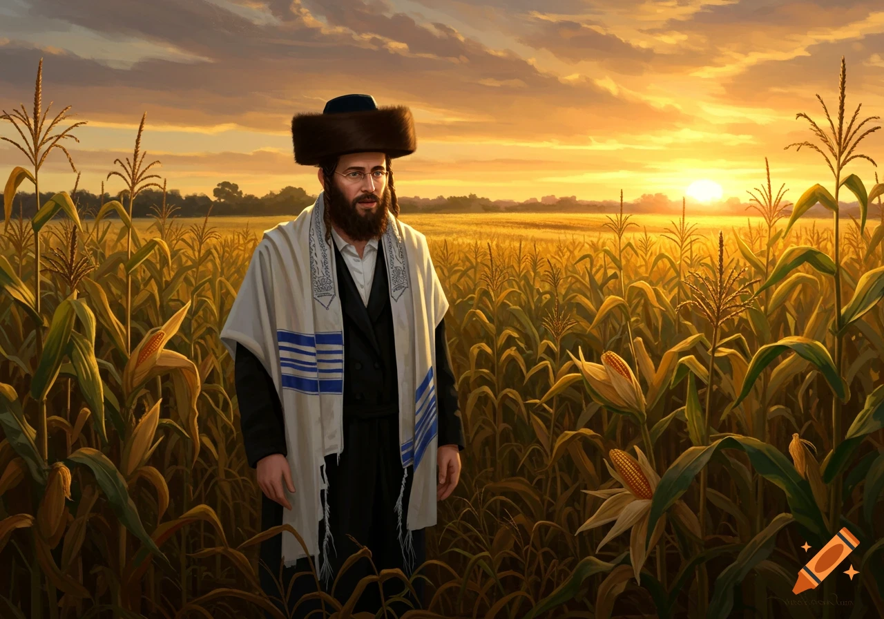 A traditionally dressed Jewish man in a fur hat and tallit stands in a golden cornfield under a sunset sky.