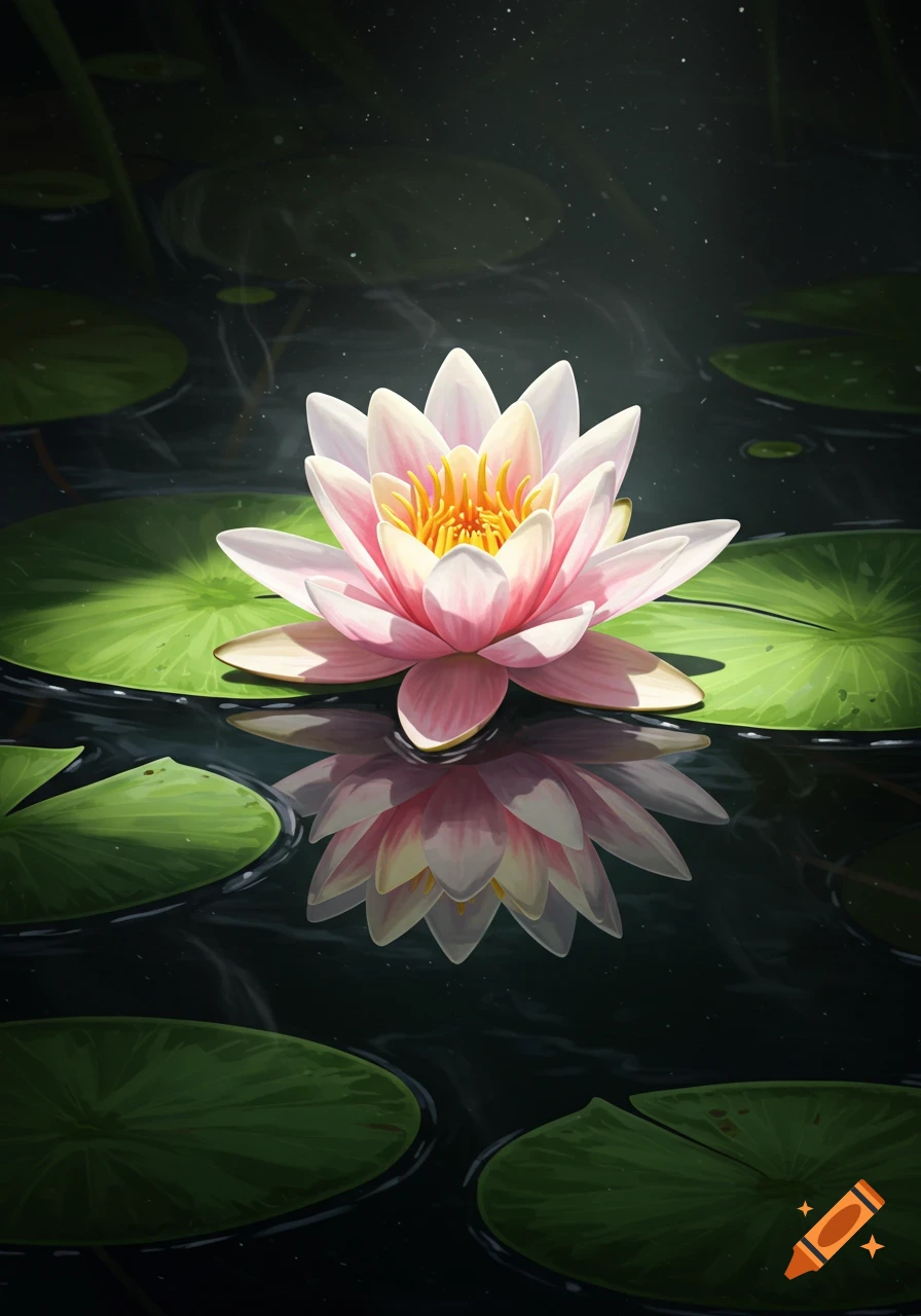 A vibrant pink and white water lily with a yellow center floats on dark water, surrounded by green lily pads, with a clear reflection.