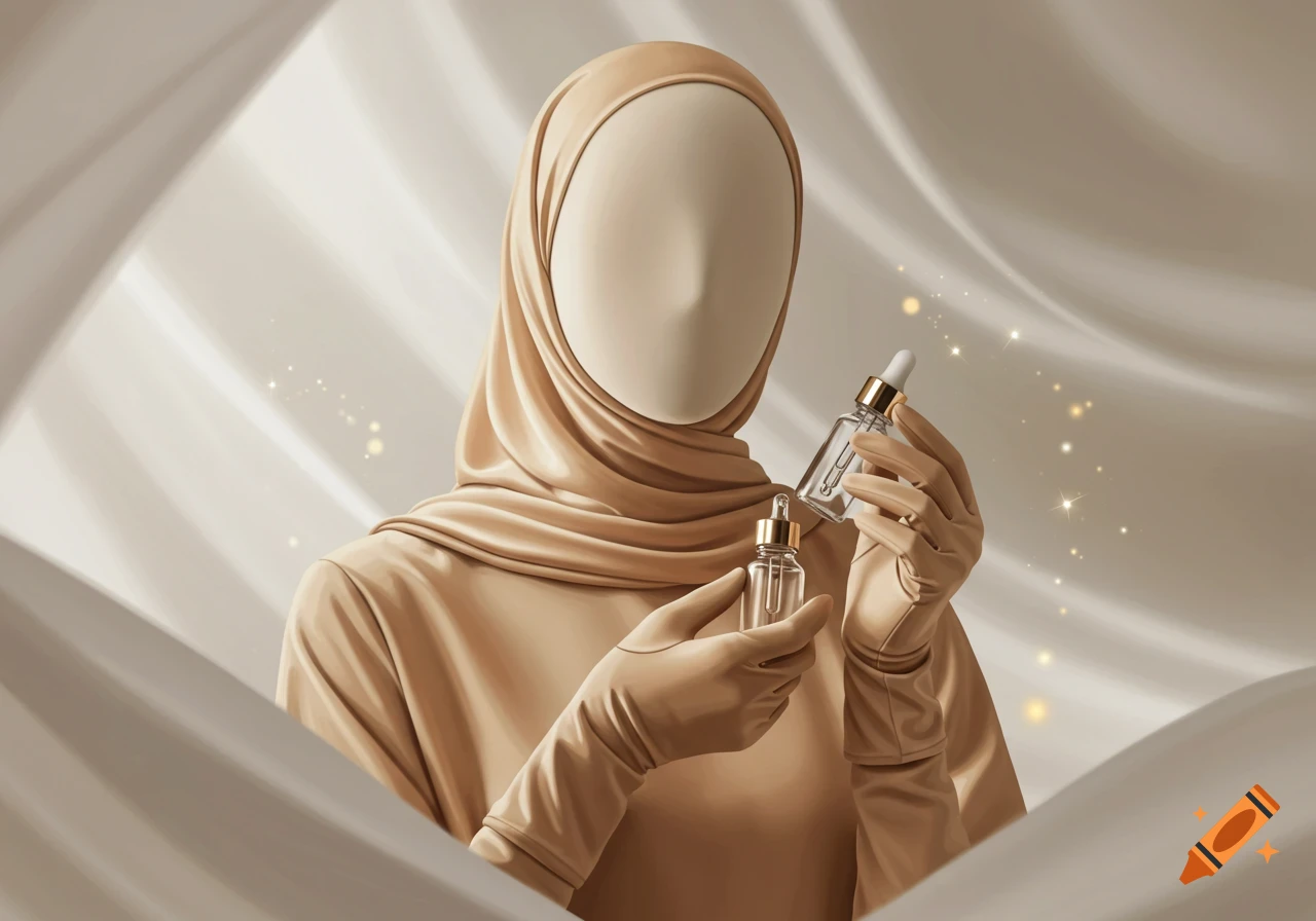 A mannequin in a beige hijab and gloves holds two clear dropper bottles, set against a soft, flowing white fabric background with golden sparkles.
