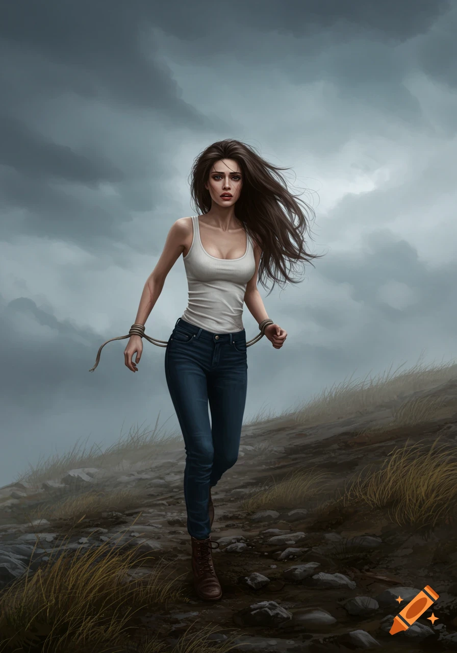 A worried young woman with tied hands runs on a deserted, foggy hill under a cloudy sky in a digital art style.