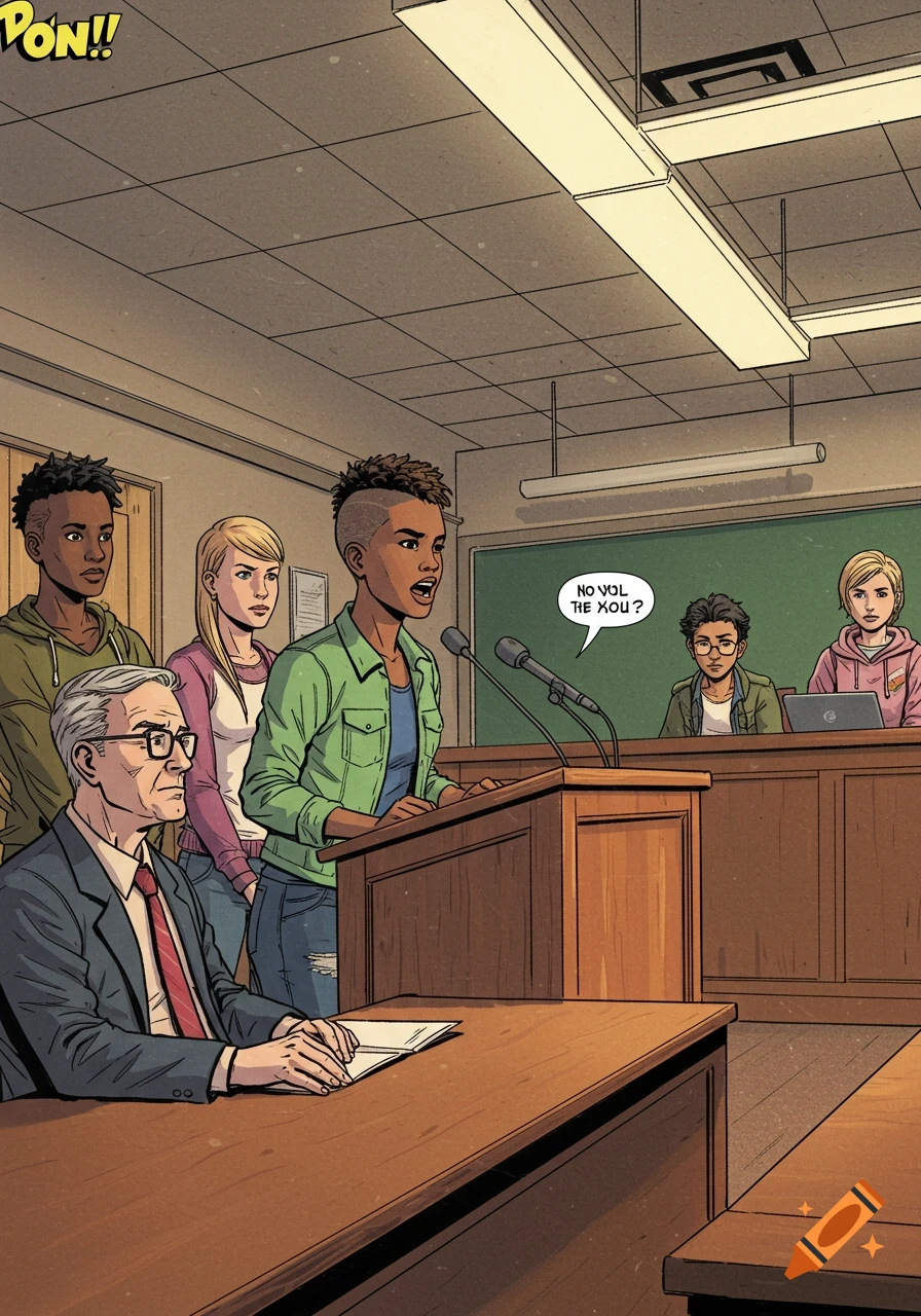 A comic illustration of a young woman speaking at a podium during a school board meeting, with friends and board members present.