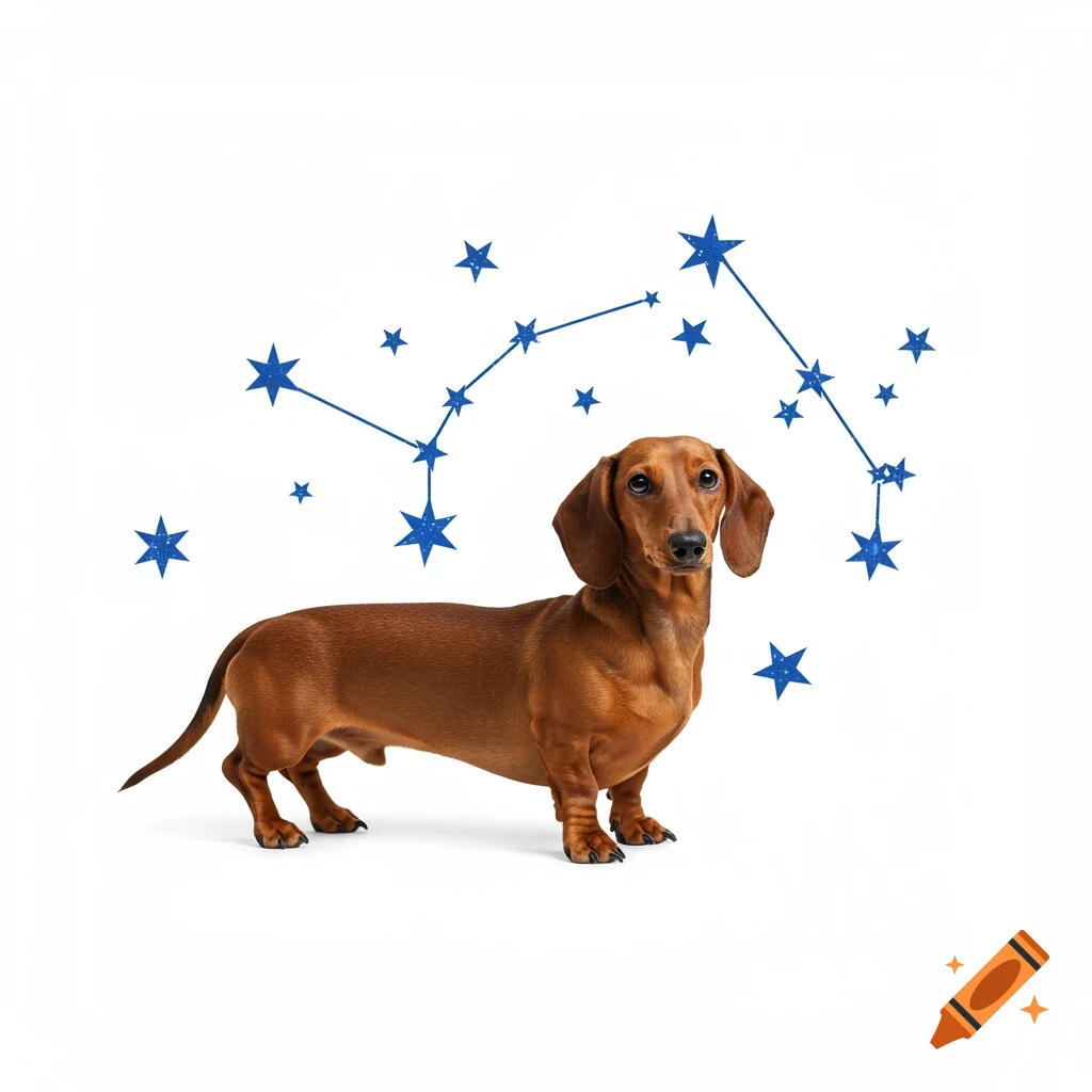 A brown dachshund stands on a white background with blue stars connected by lines, forming a constellation-like pattern.