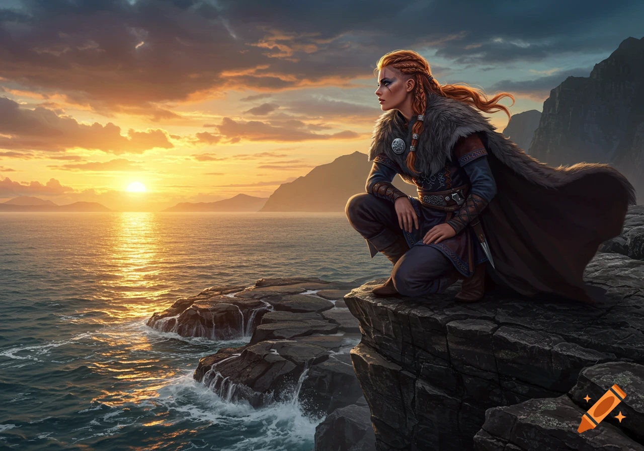 A Viking woman in fur and armor crouches on a cliff overlooking a vast ocean under a vibrant sunset sky with distant mountains.