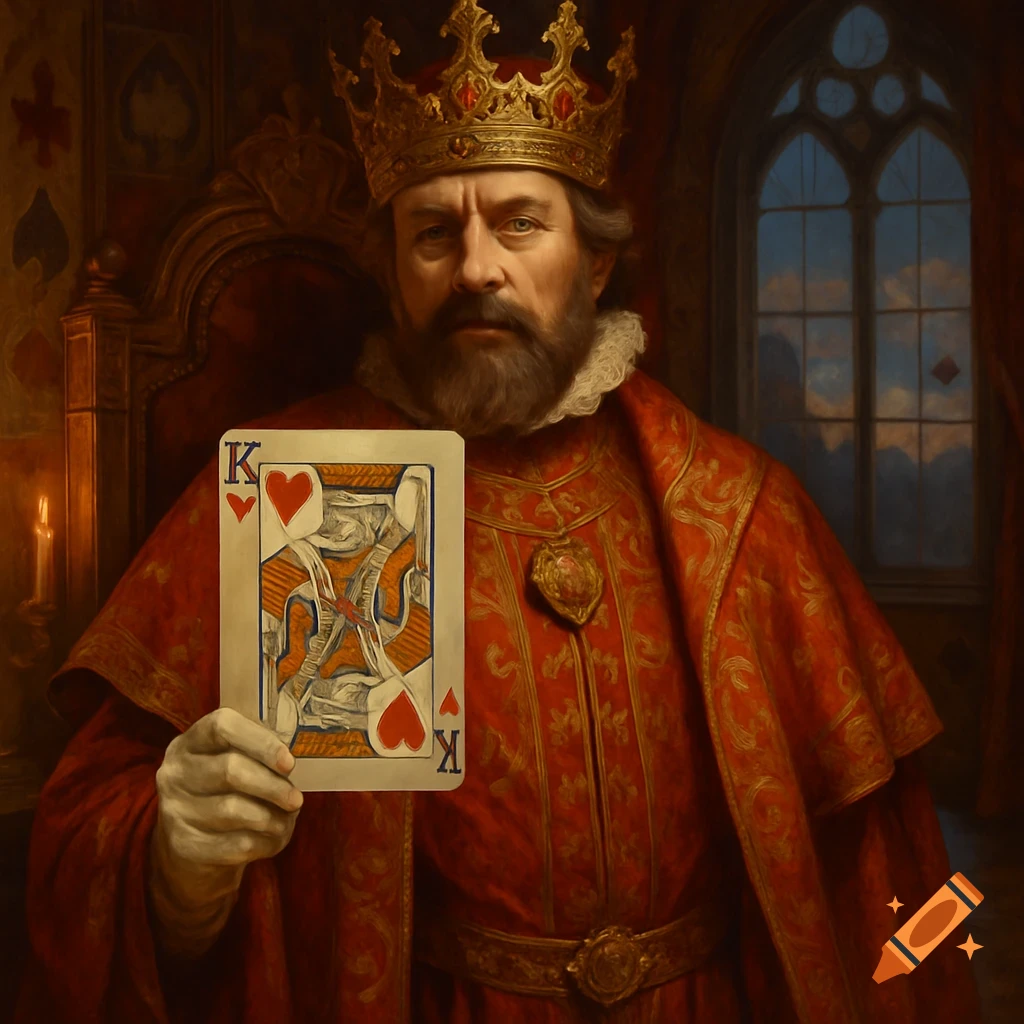 A regal king in a golden crown and red robes holds up a King of Hearts playing card, depicted in classical painting style.