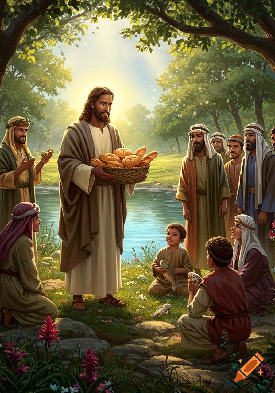 Jesus with a beard and long hair holds a basket of bread for a diverse group of men and children by a river in a sunlit, vibrant landscape.