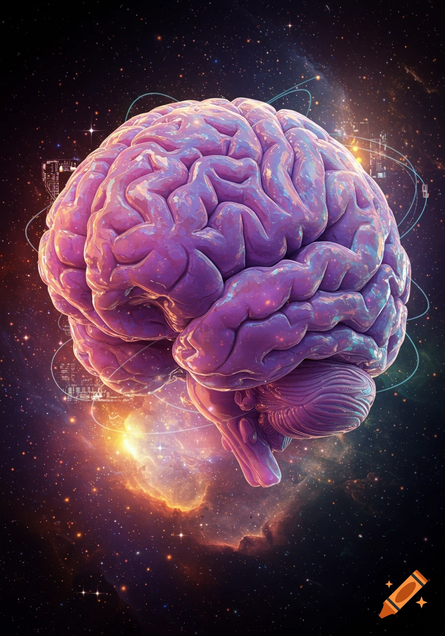A vibrant purple brain floats in dark, starry cosmic space with nebulae and faint futuristic city outlines.