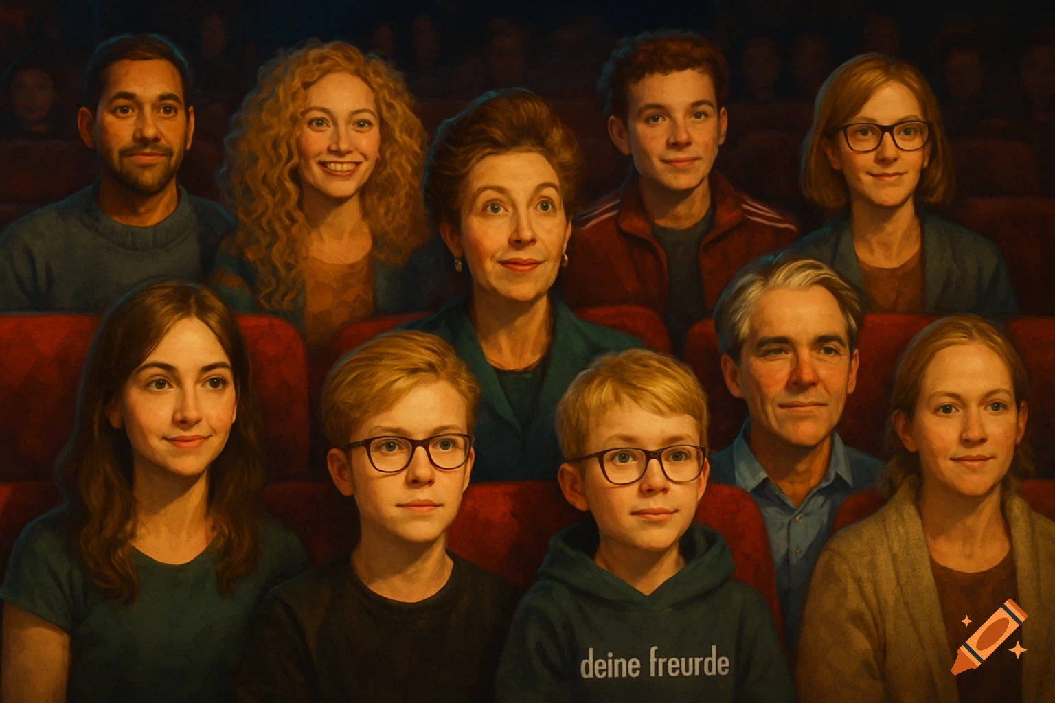 A diverse group of people, appearing to be a family, sit in rows of red cinema seats, watching a movie. Some are smiling, others are looking forward intently. The style is a painterly illustration.