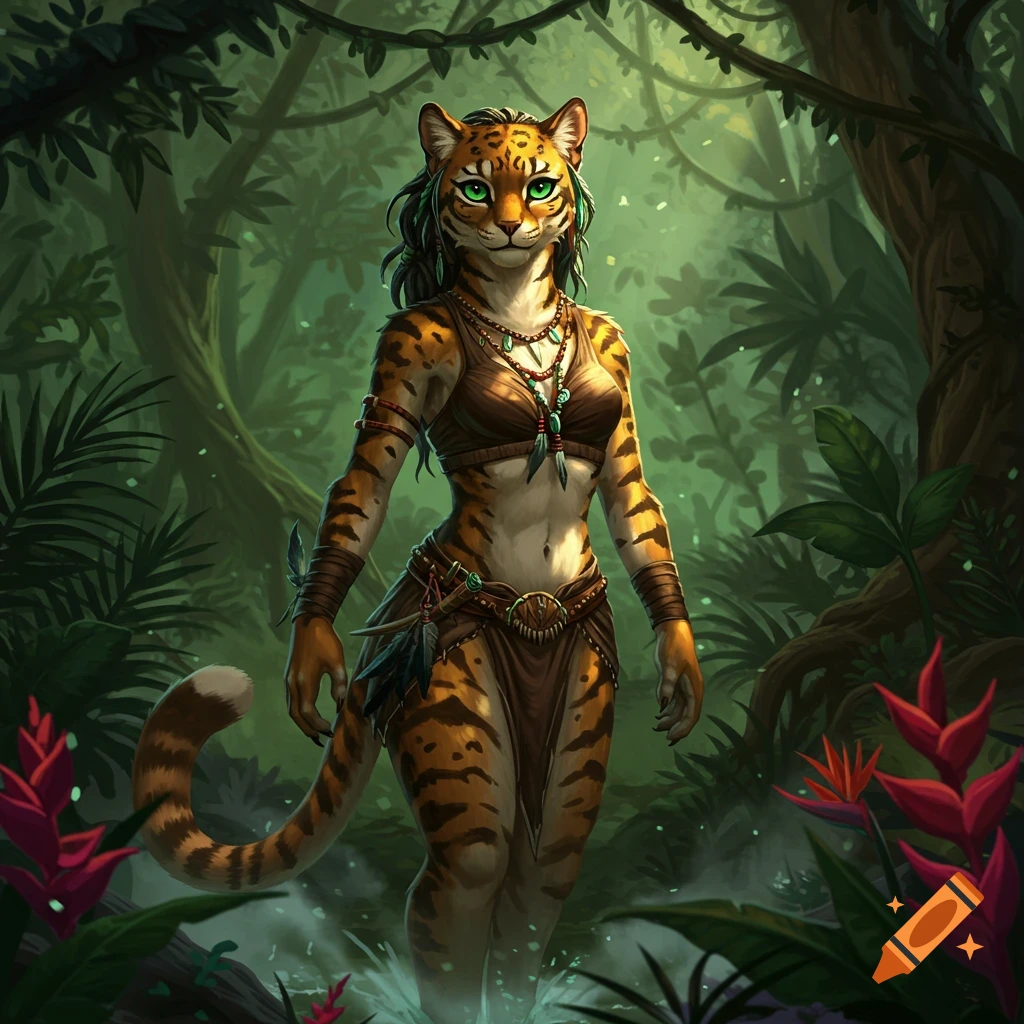 A striking female Tabaxi with green eyes and tribal attire stands in a verdant jungle. Detailed fantasy art style.