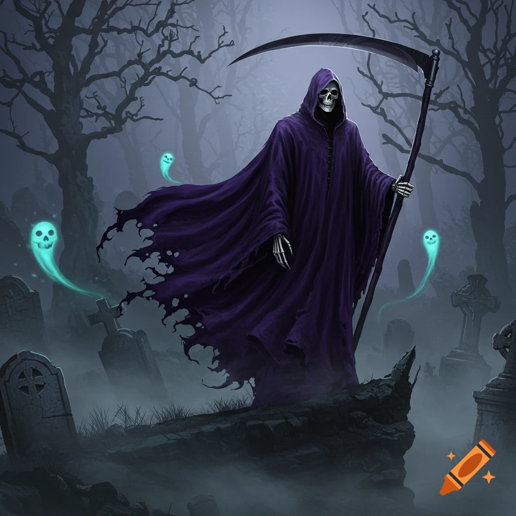 A grim reaper in a purple cloak holding a scythe stands in a misty graveyard with glowing blue ghost skulls and bare trees.