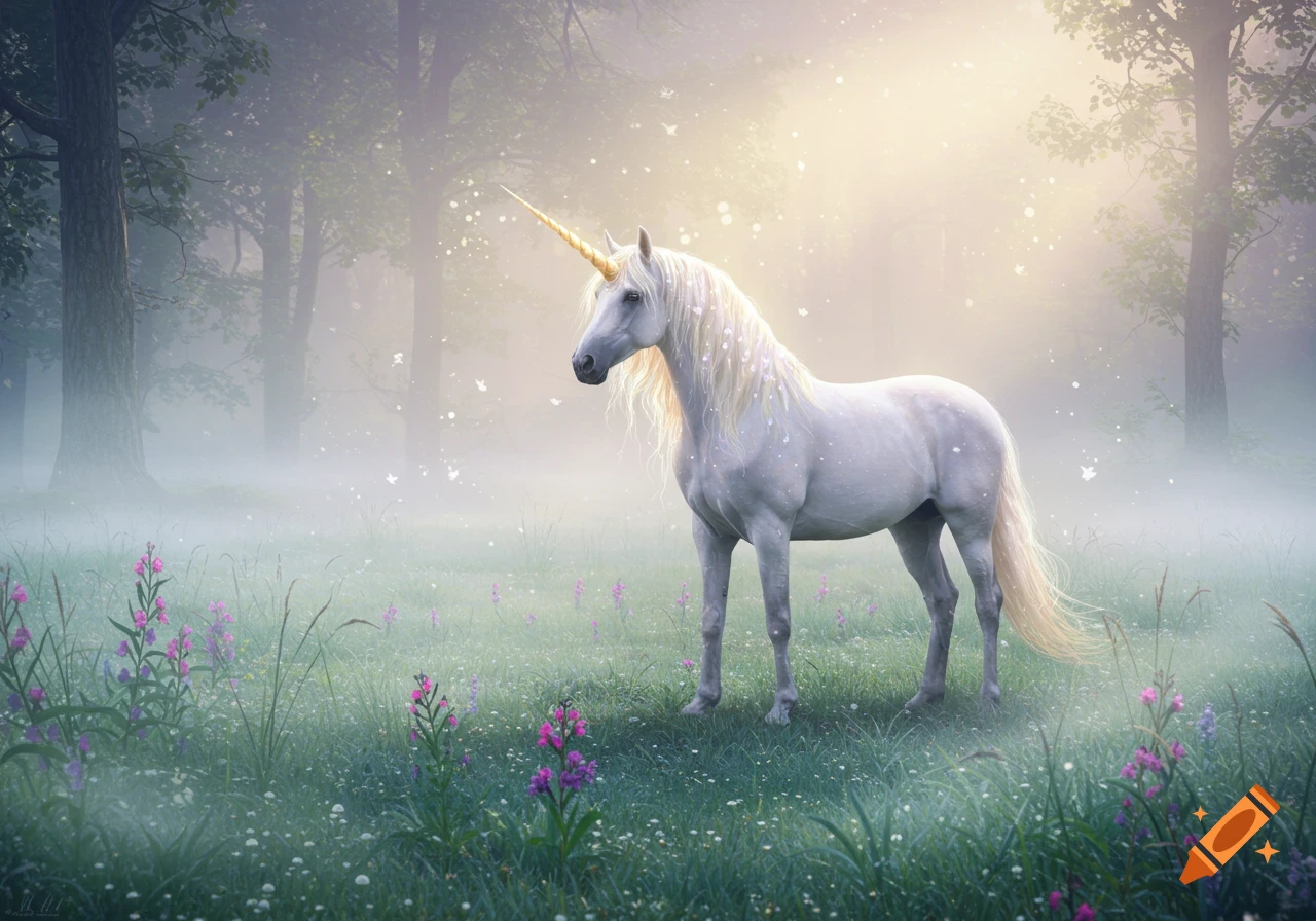A majestic white unicorn with a golden horn stands in a misty, sunlit ...