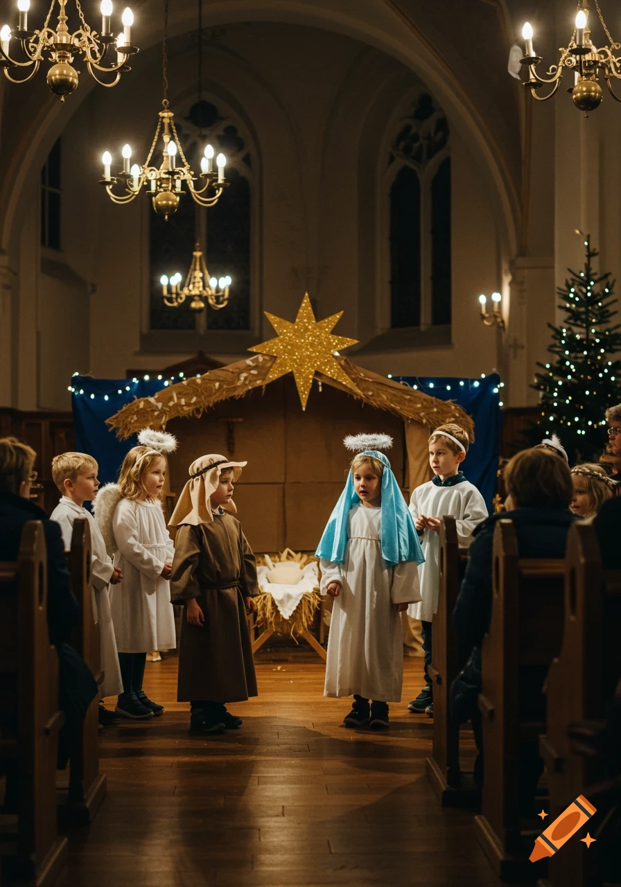 Children in Nativity costumes perform a Christmas play in a church ...