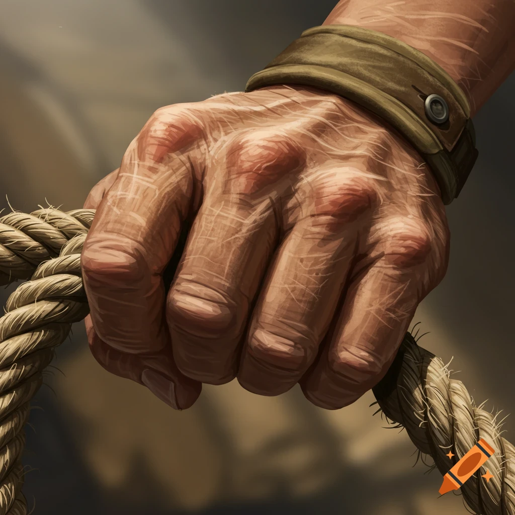 A detailed illustration of a rough, weathered hand gripping a thick rope tightly.