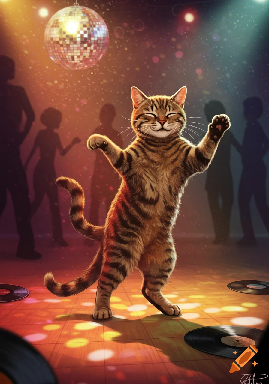 A happy, stylized tabby cat dances on a disco floor under a sparkling disco ball with silhouetted figures.