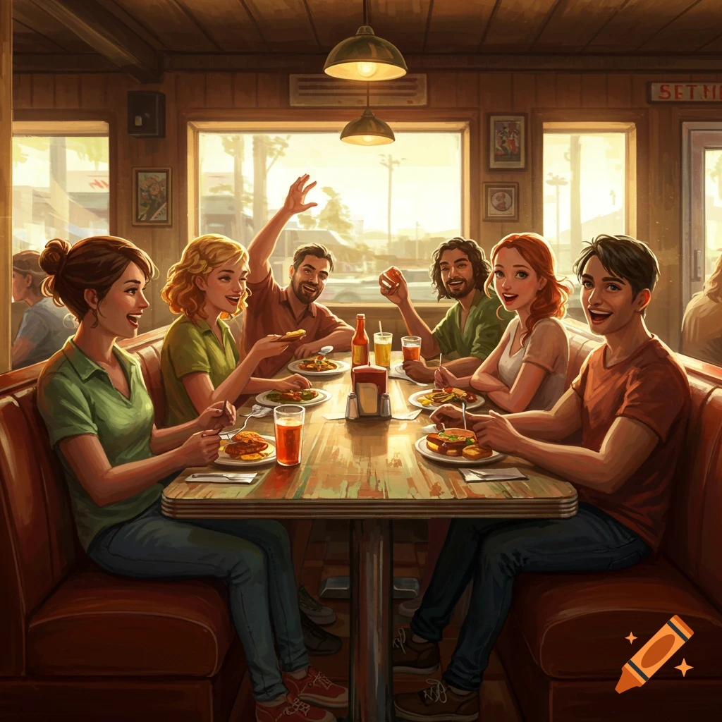 Friends laughing and eating at an old oak table in a vintage diner, bathed in warm light.