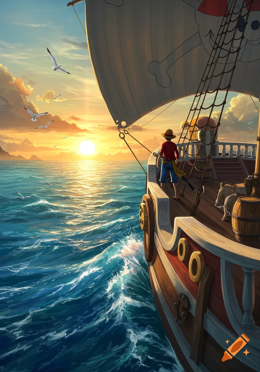 Luffy on a pirate ship sailing into a beautiful sunset over a vast blue ocean, with gulls flying.