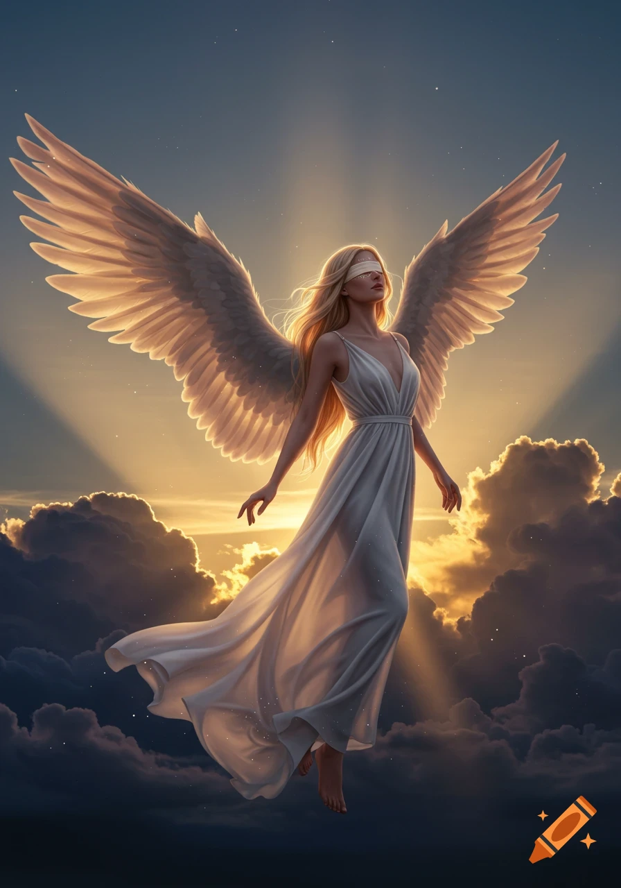 A blindfolded angel with long blonde hair and a white flowing dress floats among clouds with bright, feathered wings against a sunset sky.
