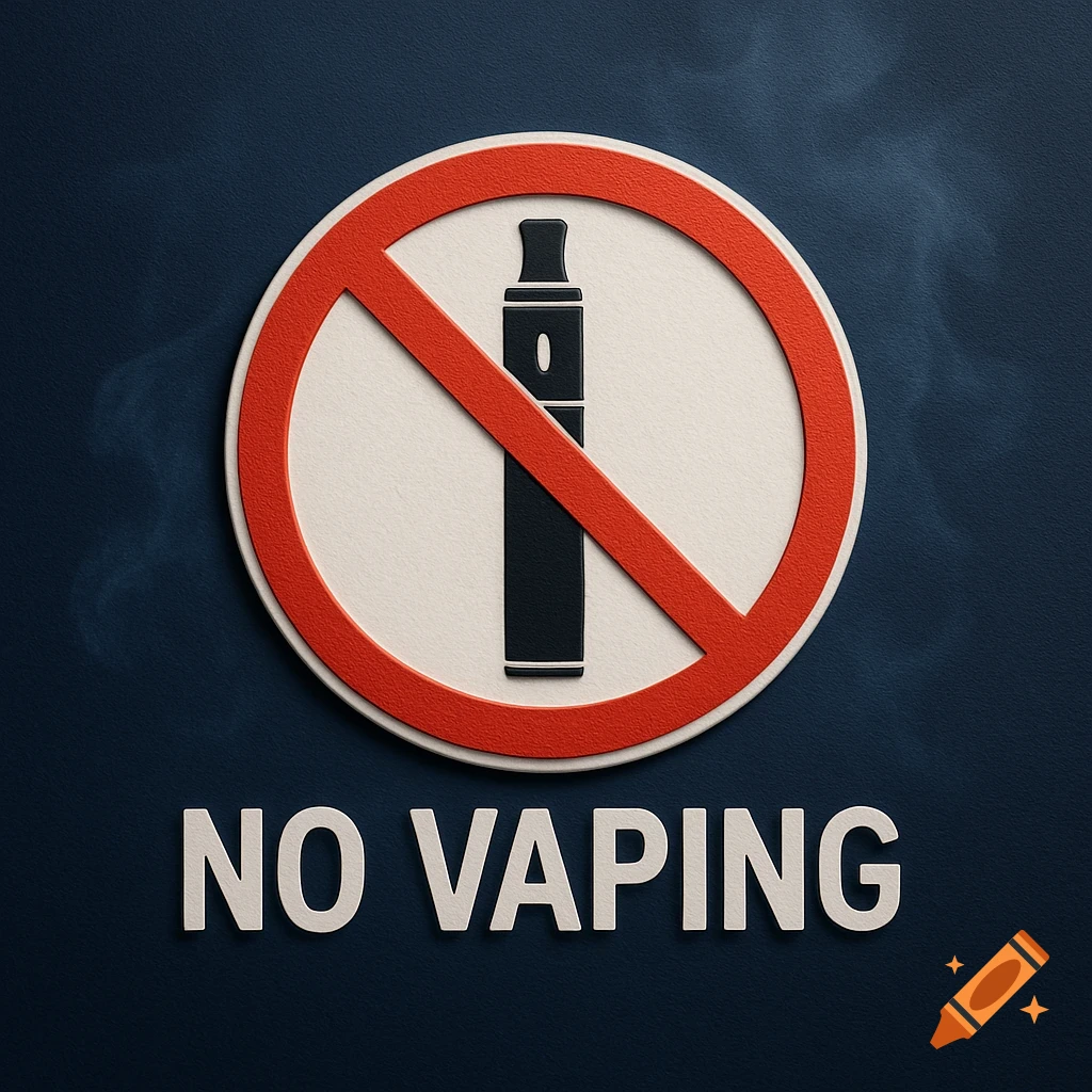 A realistic 'No Vaping' sign featuring a black vape device inside a red circle with a diagonal line through it, on a dark blue background.