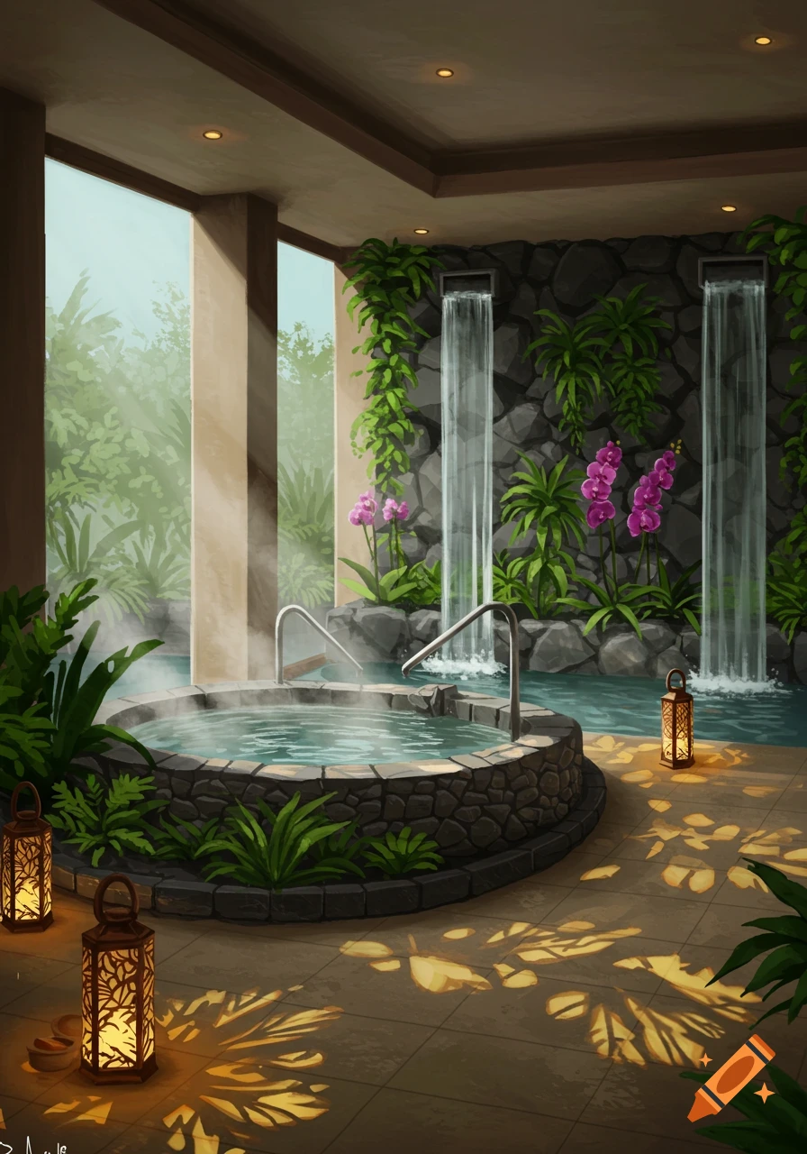 An illustration of a serene indoor spa with a steamy hot tub, stone waterfalls, tropical plants, and glowing lanterns.