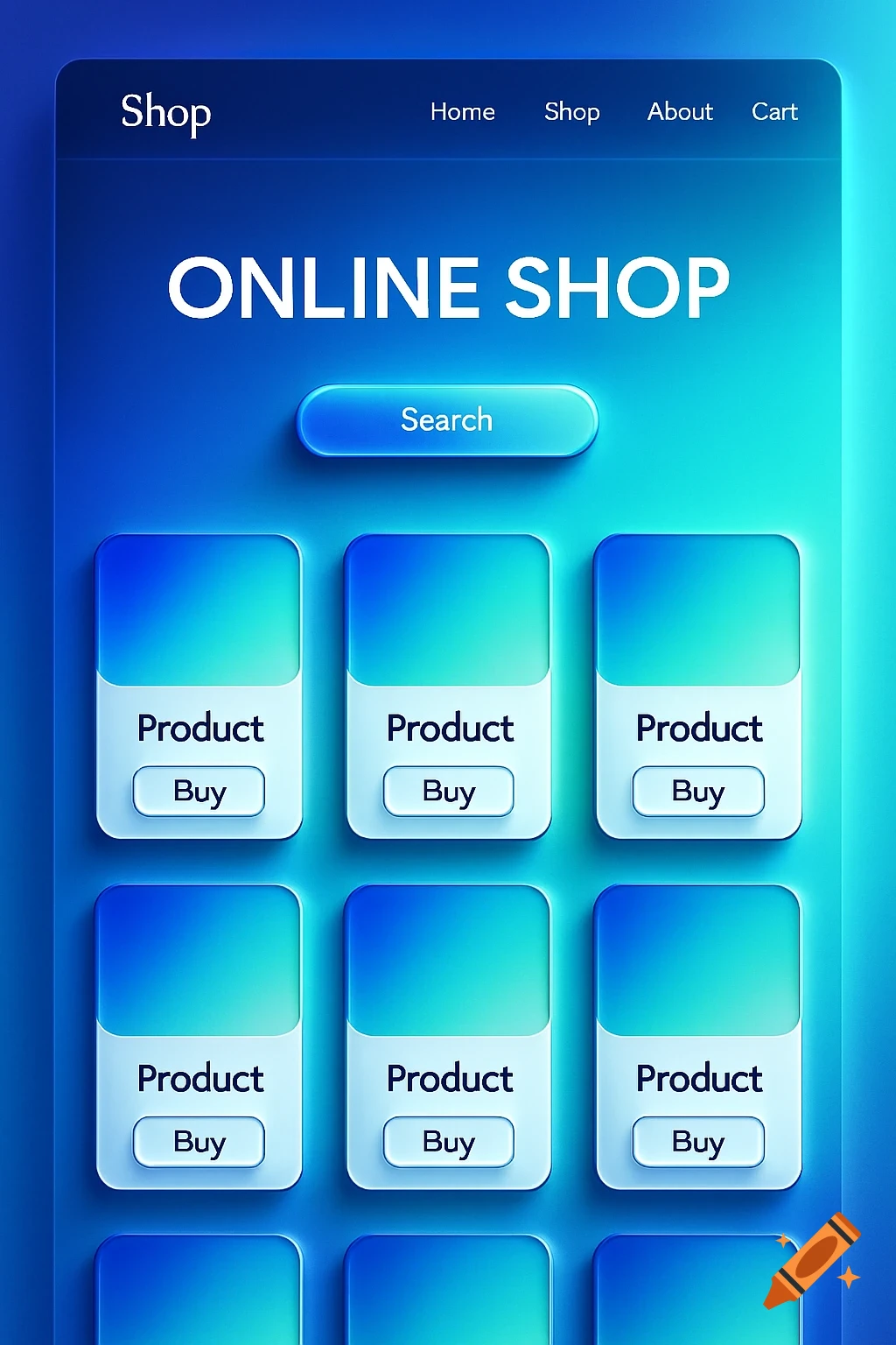 A clean, modern blue and white digital UI of an online shop website with navigation, search bar, and product cards.