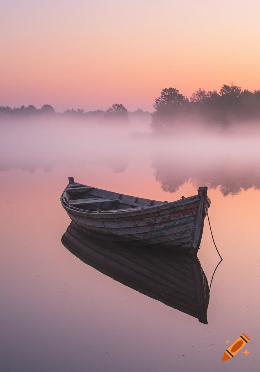 An old wooden boat floats on a calm, misty lake under a soft orange and pink sky at dawn, with trees in the background.