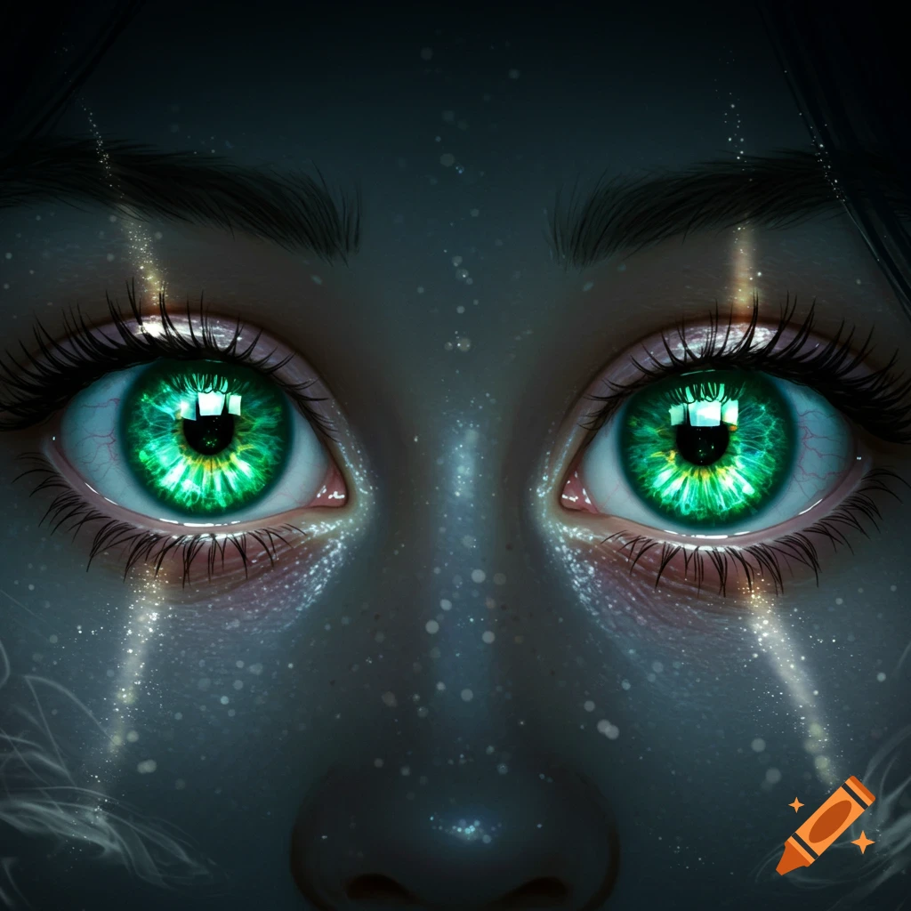 Close-up of vibrant glowing green eyes in a dark, ethereal setting with shimmering light particles.