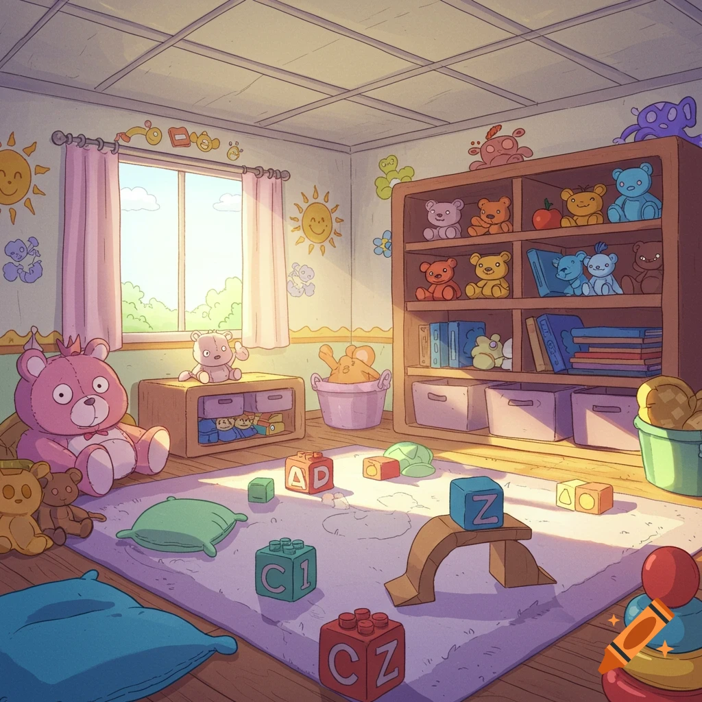A colorful cartoon baby playroom with sunlight streaming through a window, filled with teddy bears, building blocks, and a bookshelf.