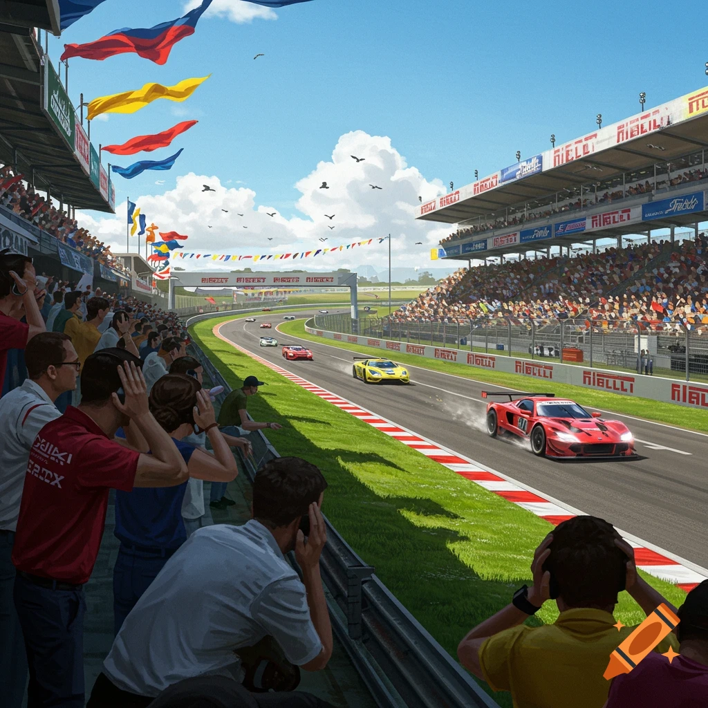 Racing cars speed on a track during a sunny day, with spectators in the foreground covering their ears from the noise.