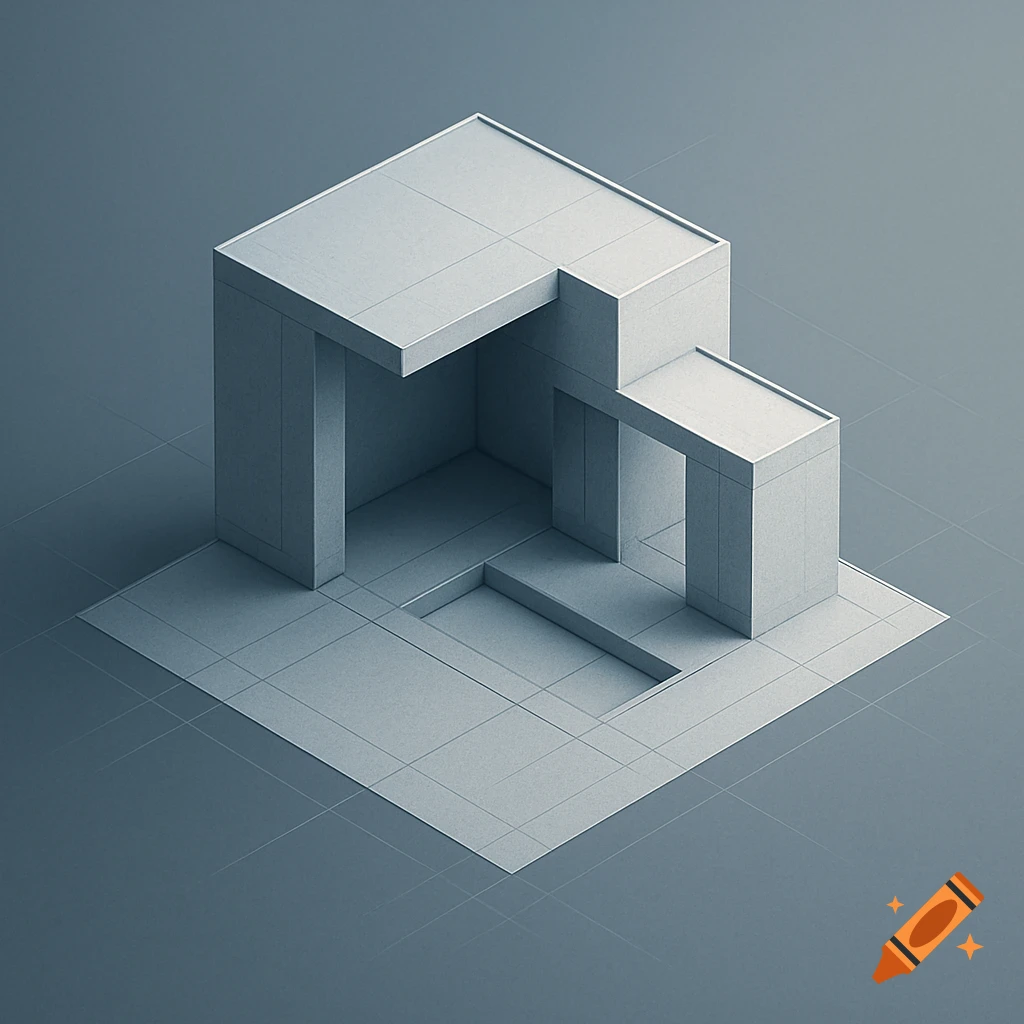 A minimalist isometric architectural structure in light gray with a grid floor.