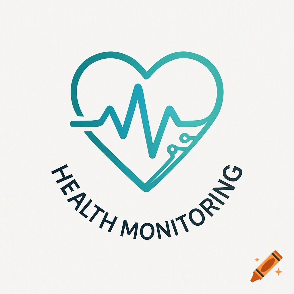 Logo featuring a teal heart outline with an ECG line and circuit board elements, with 'HEALTH MONITORING' text below.