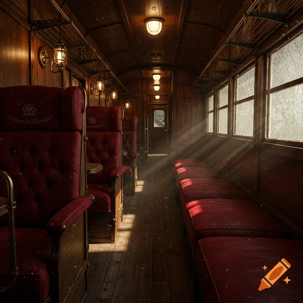 An empty, ornate vintage train car interior with dark wood paneling, red velvet seats, and sun rays streaming through windows.