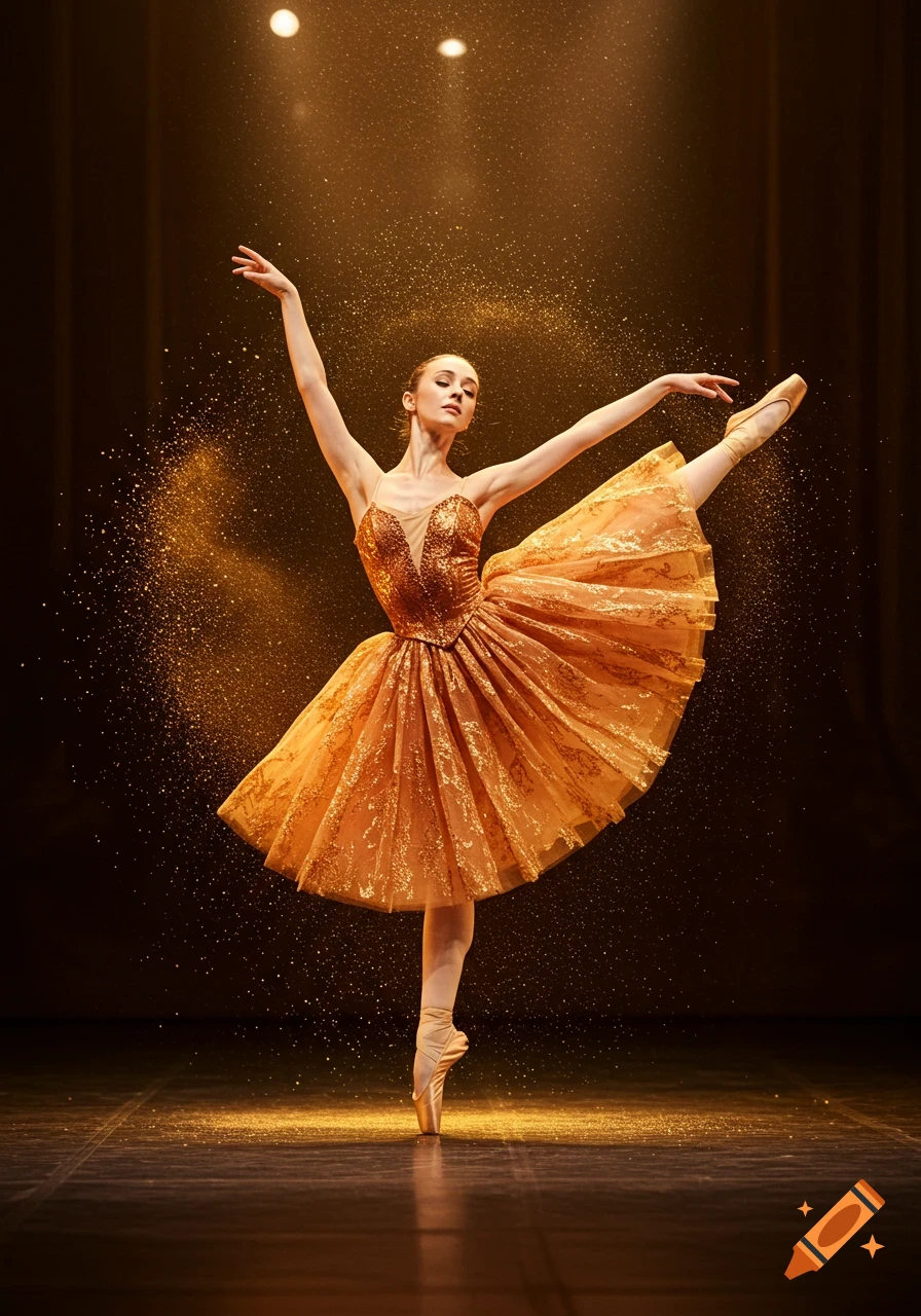 Photorealistic image of a ballerina in a golden tutu, posing en pointe with arms extended, surrounded by sparkling gold dust.