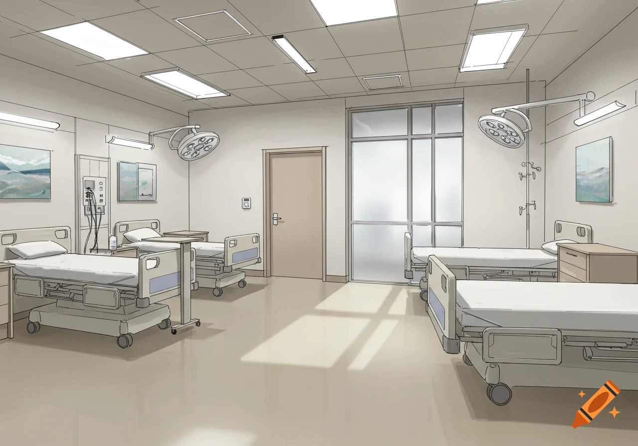 A sketch of a clean hospital room with multiple beds, medical equipment, a door, and a large window.