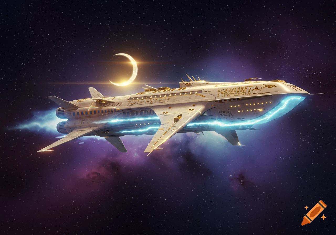 A majestic white and gold Egyptian-themed spaceship with blue energy trails flies past a crescent moon in a starry, purple nebula.