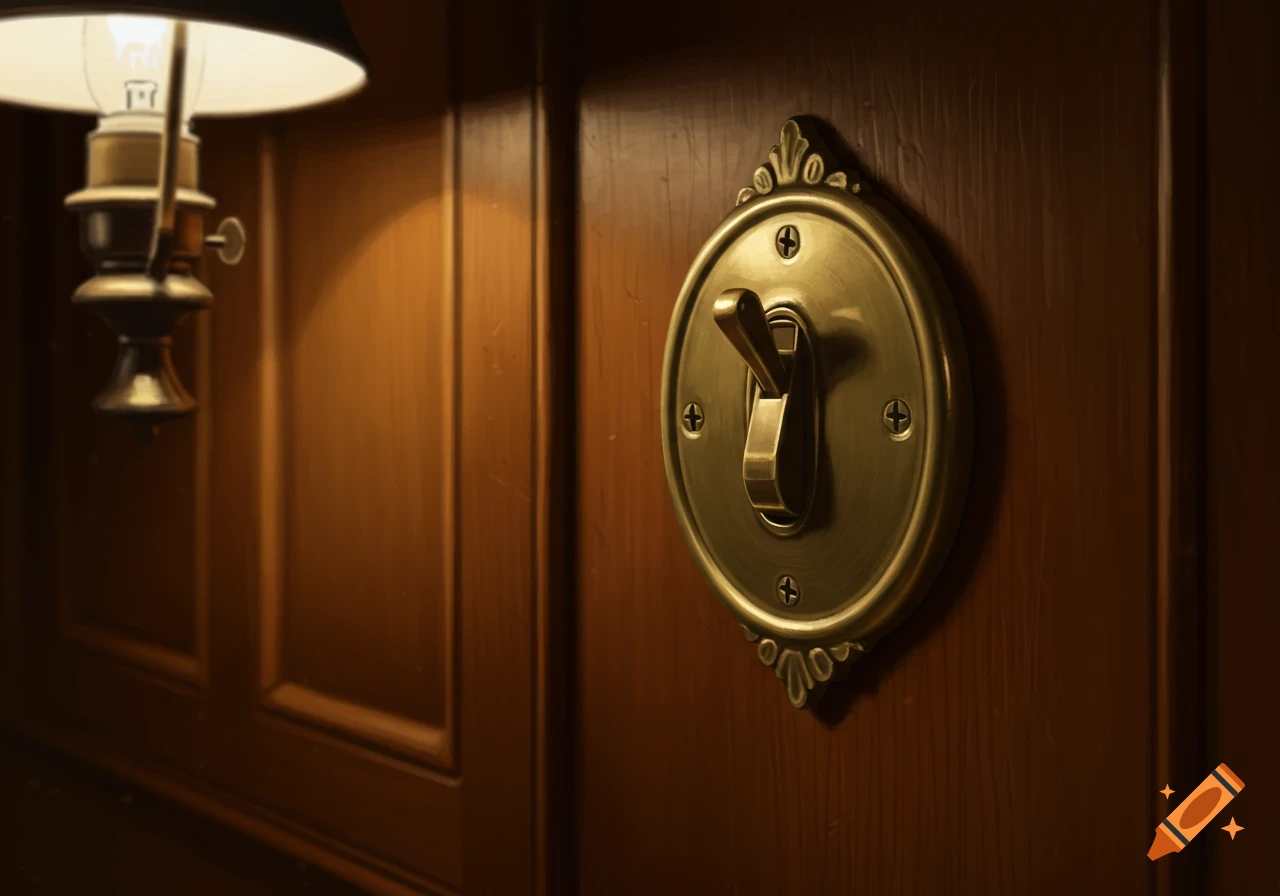A close-up of a vintage brass light switch on a wooden wall, illuminated by a hanging lamp.