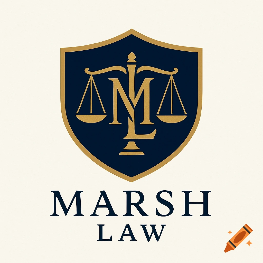 A dark blue and gold shield logo for Marsh Law, featuring the letters M and L integrated into a scales of justice emblem.