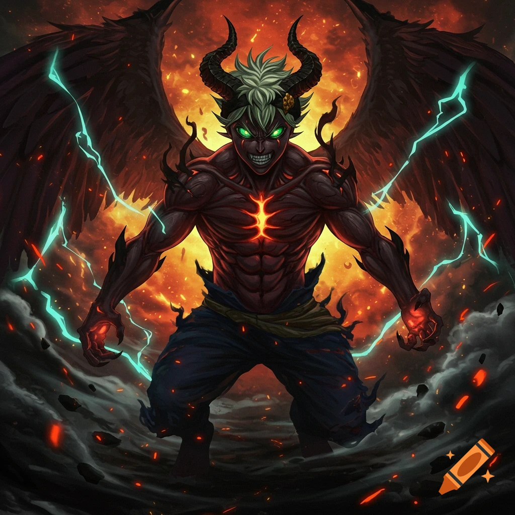 A powerful demon character with red skin, glowing green eyes, horns, and large dark wings stands amidst fire and lightning.