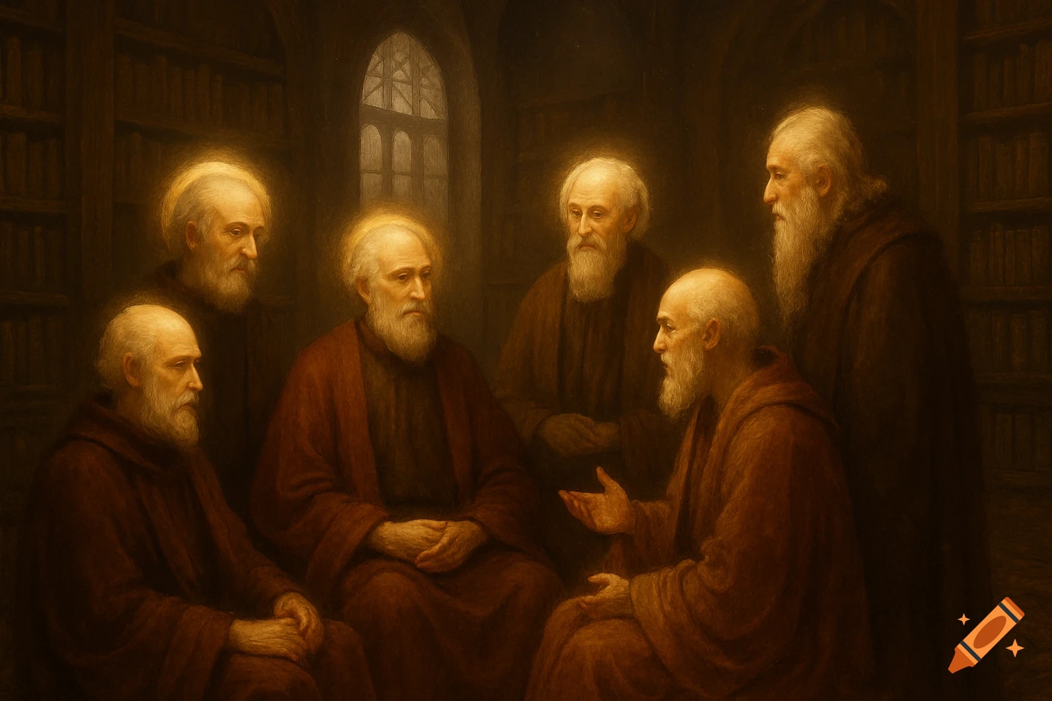 Dark oil painting of six elderly, bearded men with halos in robes, gathered in a dimly lit library, one gesturing.