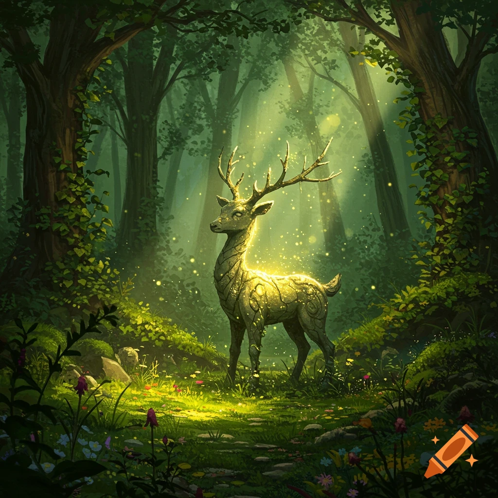 A radiant, ornate deer with antlers stands in a lush, magical forest ...