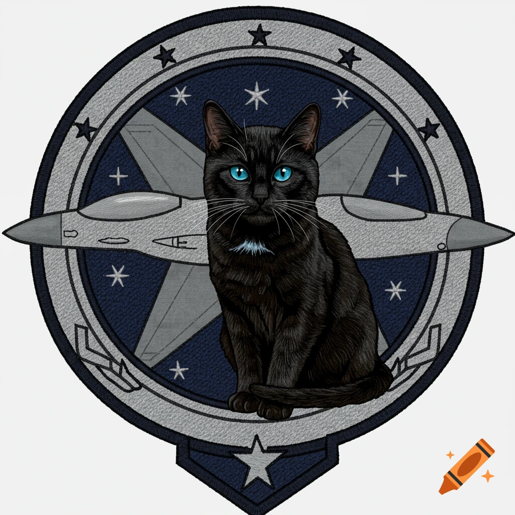 A black cat with bright blue eyes sits on a circular F-16 pilot's patch with an embroidered texture.